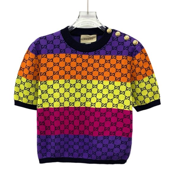 Gucci Multicolor logo jacquard all-over print cotton knit T-shirt